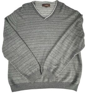 Tasso Elba Men's XL Gray Fair Isle V-Neck Cotton Sweater Pullover